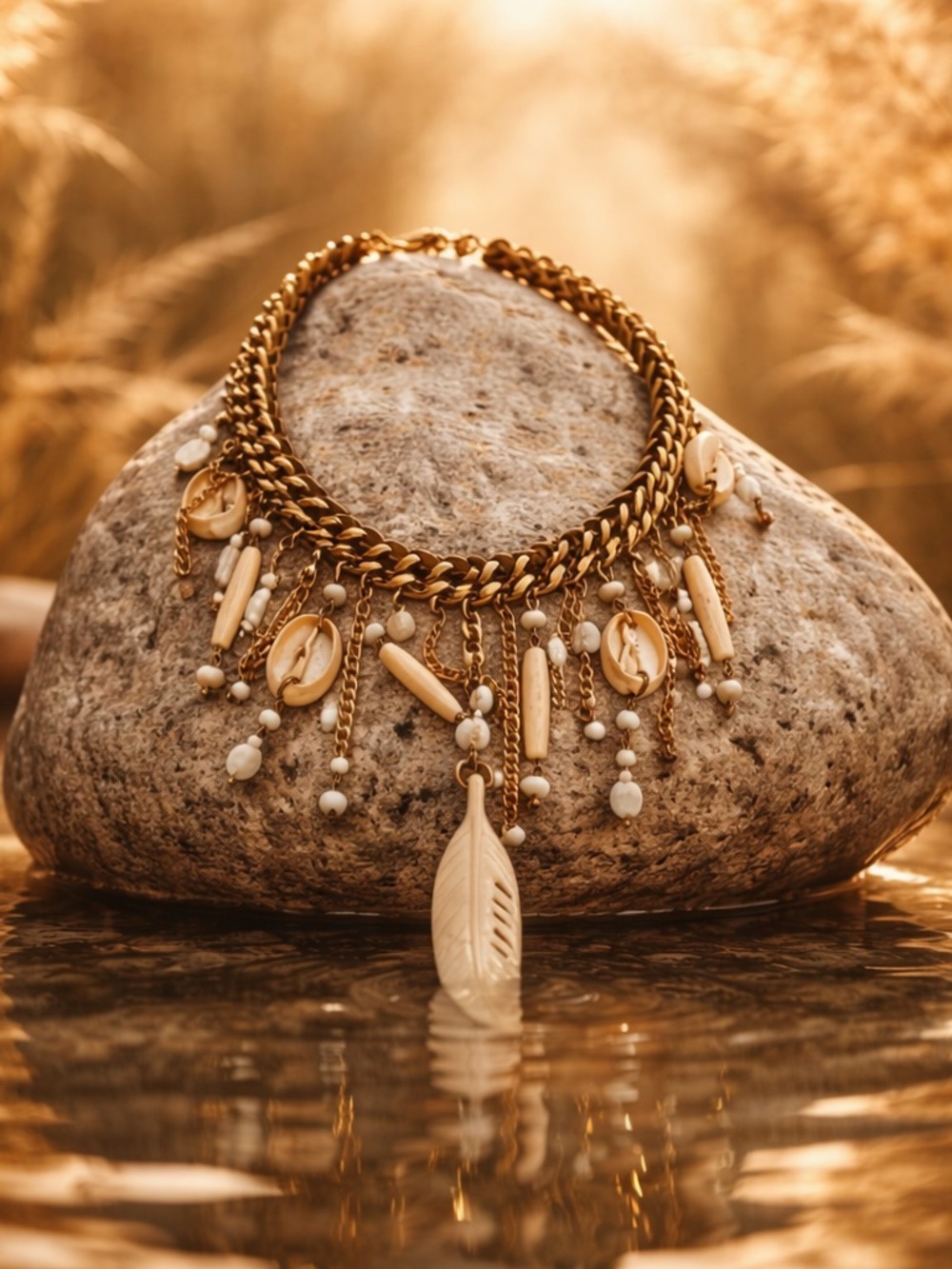 Sara Designs Gold Tone Shell & Feather
Statement Necklace
